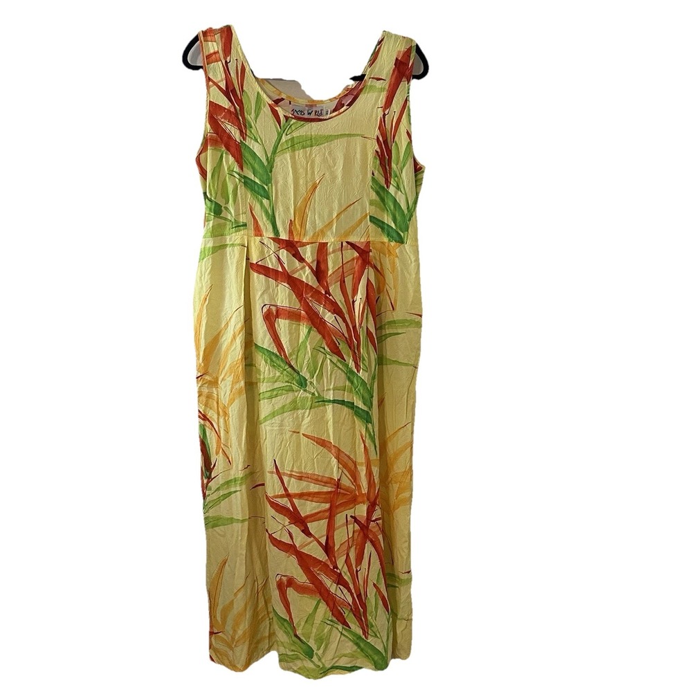 Jams World Yellow Rush Rushes Dress Tropical Floral Maxi Sleeveless‎ XL *READ*